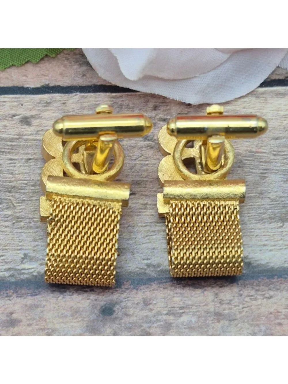 Vintage Dante Gold Tone B Monogram Cufflinks Mesh Shirt Wraps Set Mid Century
